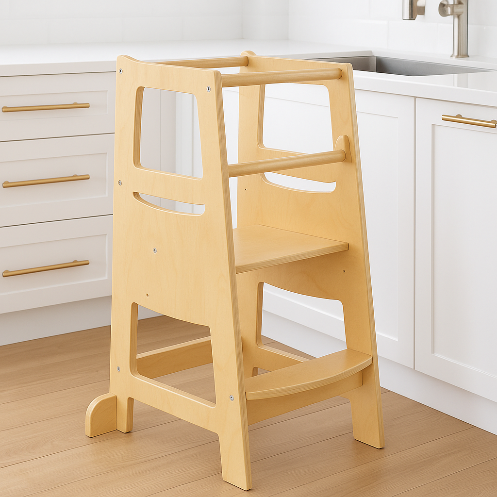 Adjustable Wooden Learning Tower for Toddlers, Kitchen Helper Stool, Ages 18 Months to 6 Years, Natural Wood, Child Safety Tower