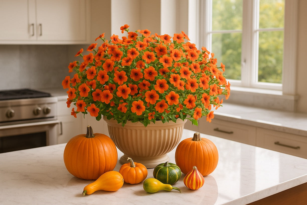 Autumn Floral Arrangement - Orange Calibrachoa in Terracotta Pot | Artificial Fall Decor - Papicha H