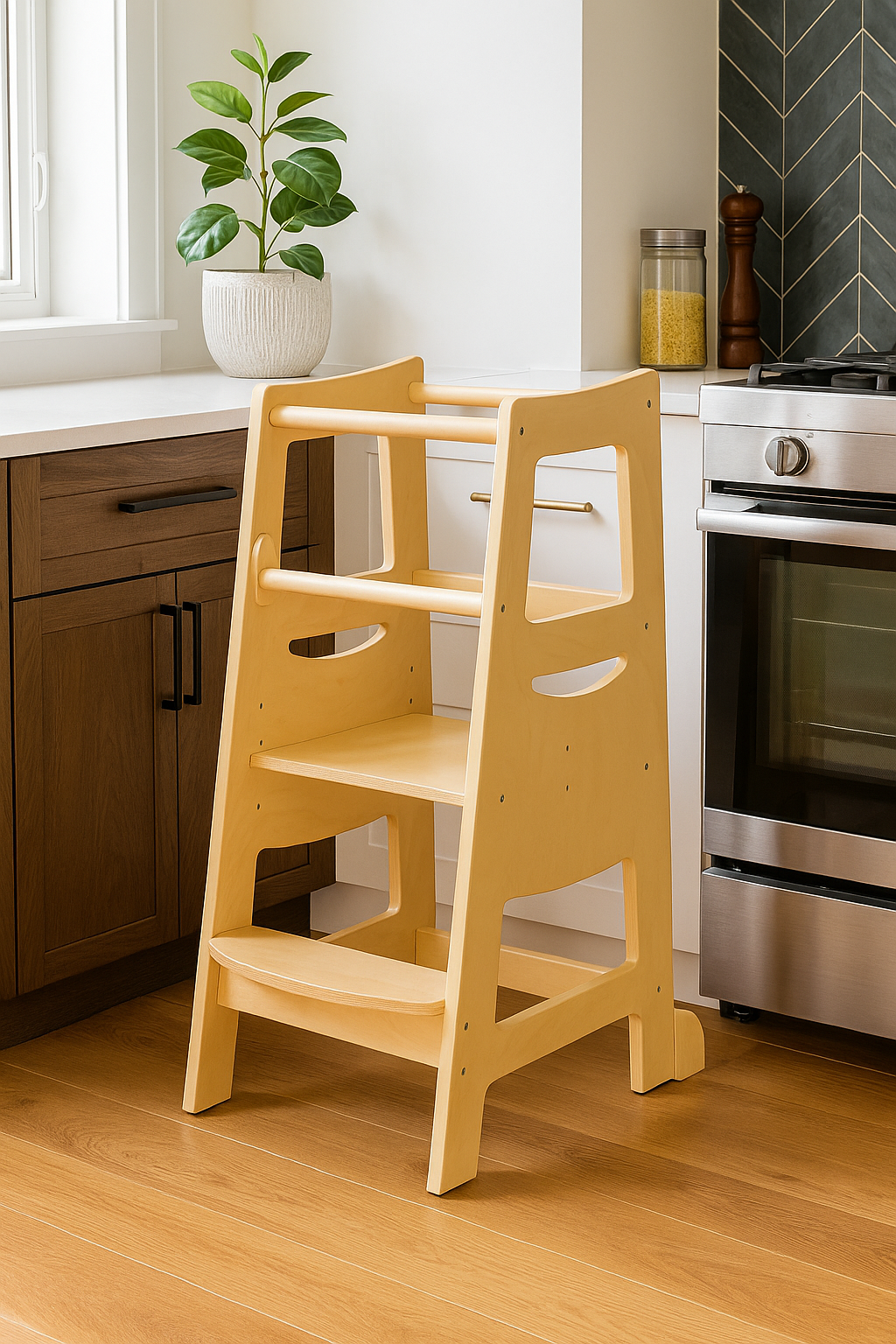 Adjustable Wooden Learning Tower for Toddlers, Kitchen Helper Stool, Ages 18 Months to 6 Years, Natural Wood, Child Safety Tower