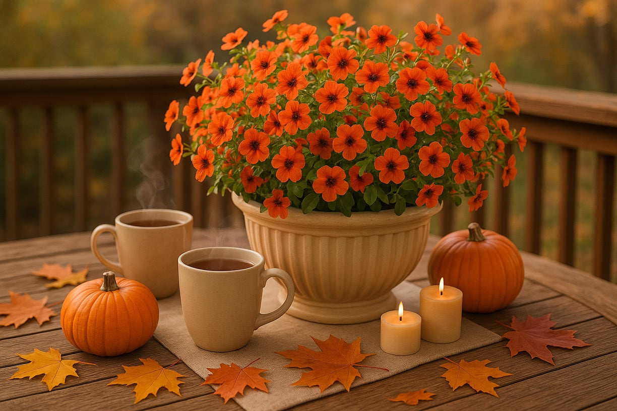 Autumn Floral Arrangement - Orange Calibrachoa in Terracotta Pot | Artificial Fall Decor - Papicha H