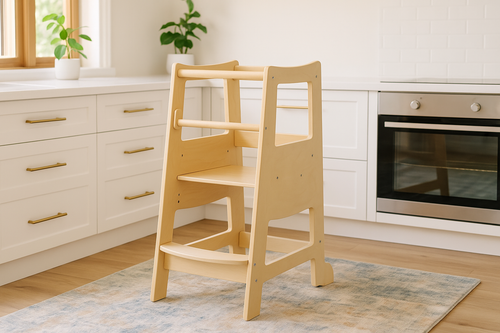 Adjustable Wooden Learning Tower for Toddlers, Kitchen Helper Stool, Ages 18 Months to 6 Years, Natural Wood, Child Safety Tower