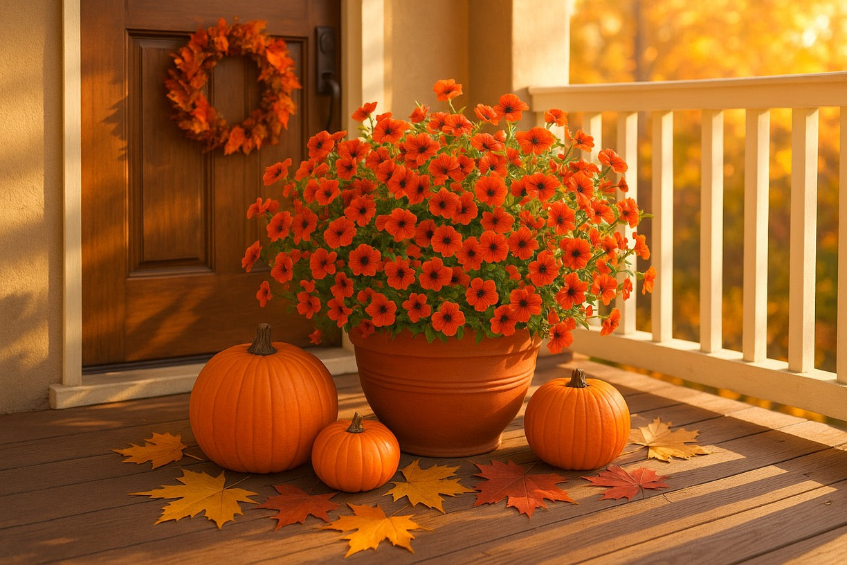 Autumn Floral Arrangement - Orange Calibrachoa in Terracotta Pot | Artificial Fall Decor - Papicha H