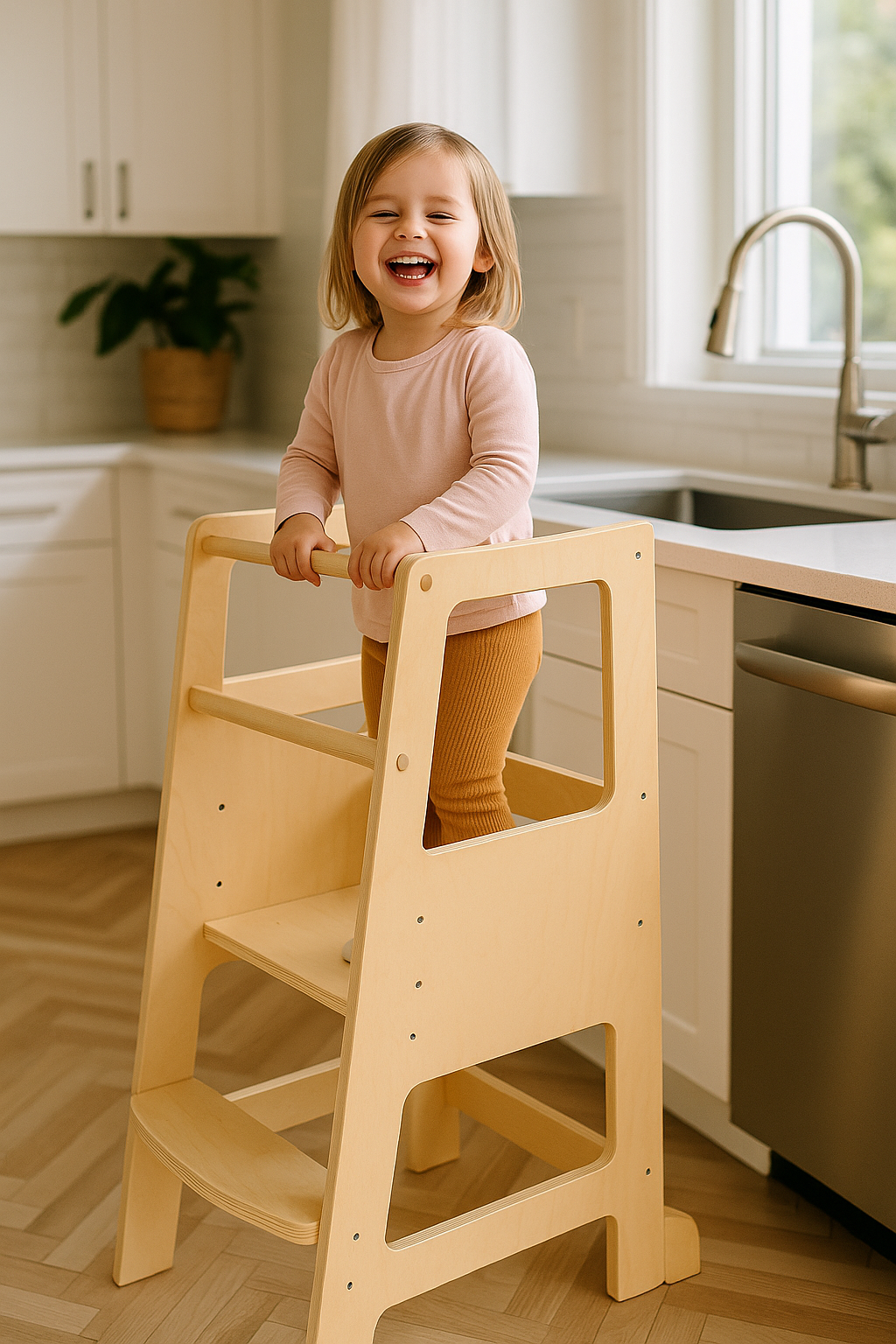 Adjustable Wooden Learning Tower for Toddlers, Kitchen Helper Stool, Ages 18 Months to 6 Years, Natural Wood, Child Safety Tower