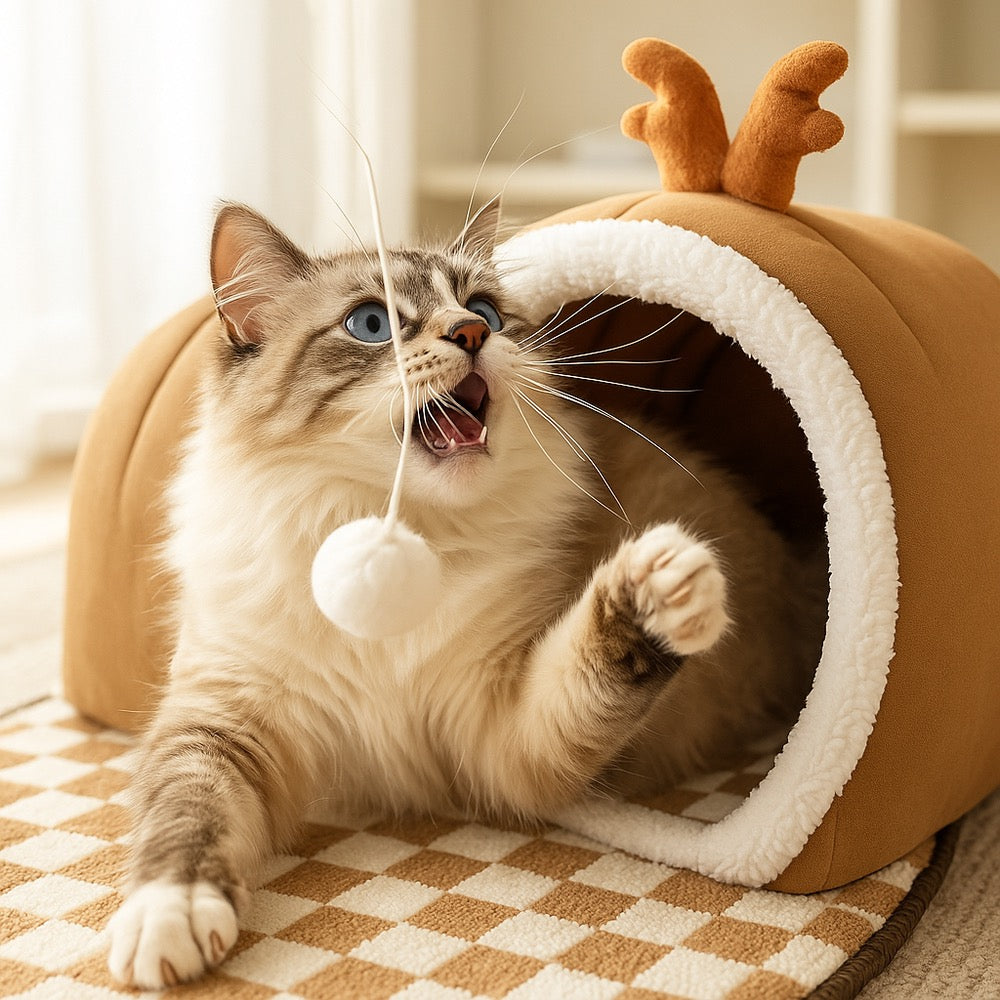 Reindeer Cat Tunnel 3-in-1 - Cozy Playhouse Bed Hideout | Cat Play House - Papicha H