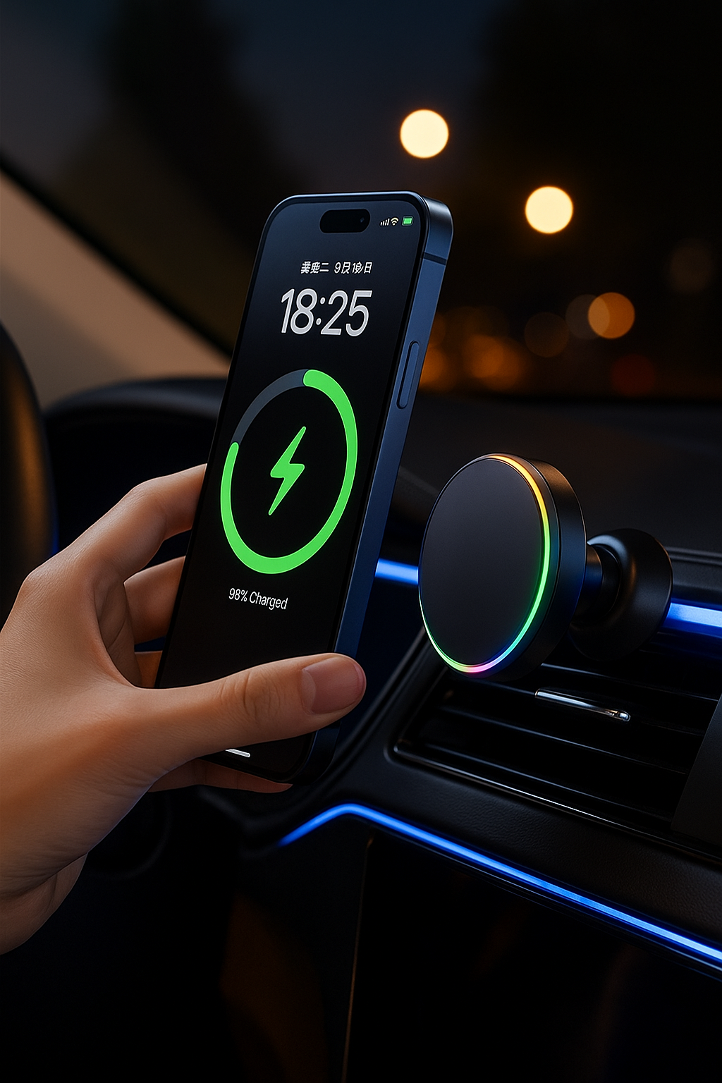 Qi2 Magnetic Car Mount 15W Fast Wireless Charger with RGB Ring | Premium Phone Holder - Papicha H