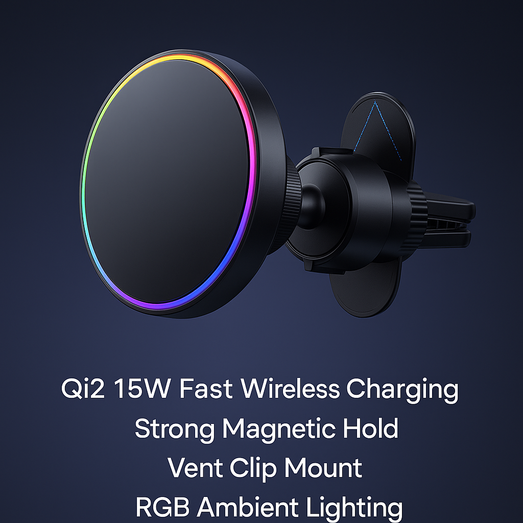Qi2 Magnetic Car Mount 15W Fast Wireless Charger with RGB Ring | Premium Phone Holder - Papicha H