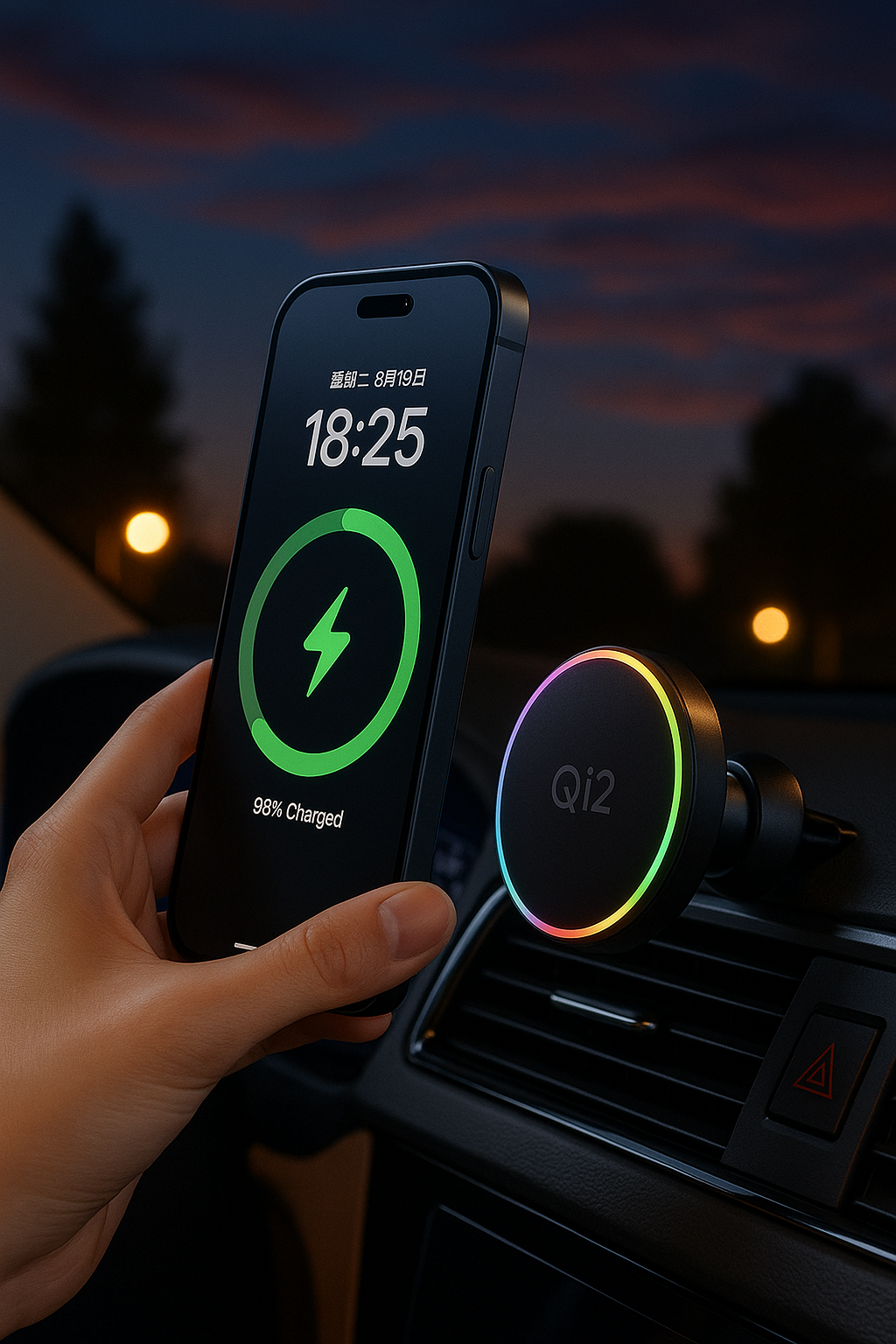 Qi2 Magnetic Car Mount 15W Fast Wireless Charger with RGB Ring | Premium Phone Holder - Papicha H
