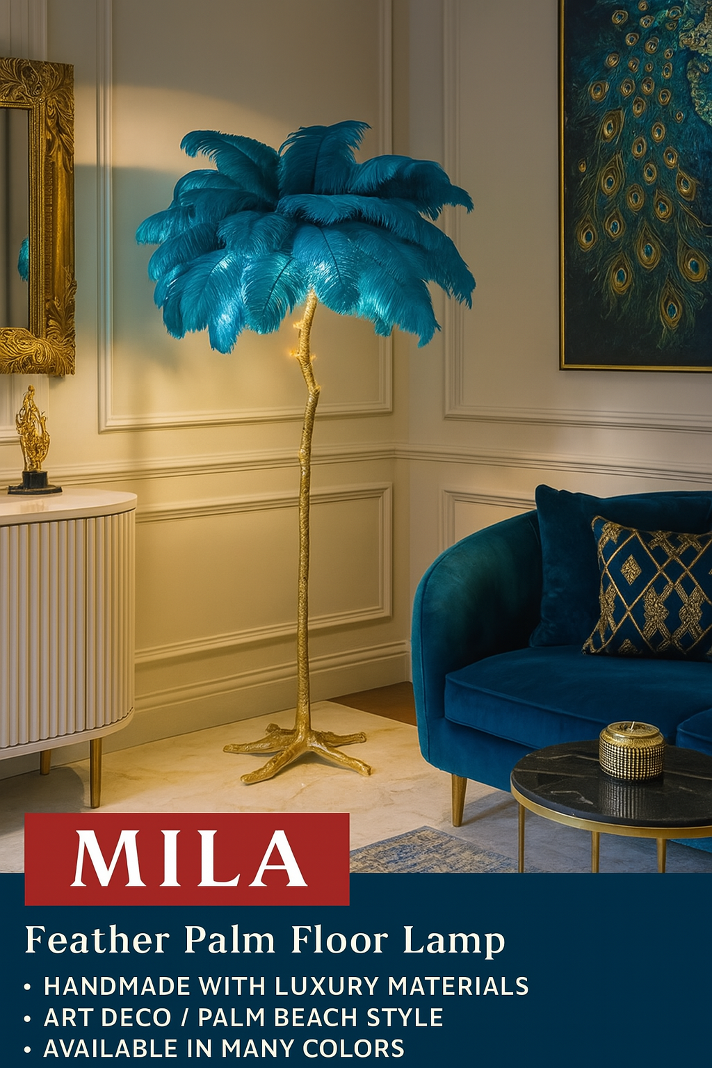Tall Floor Lamp, Palm Tree Light with Gold Base, Glam Chic Decor, Exotic Style, Multiple Colors Available