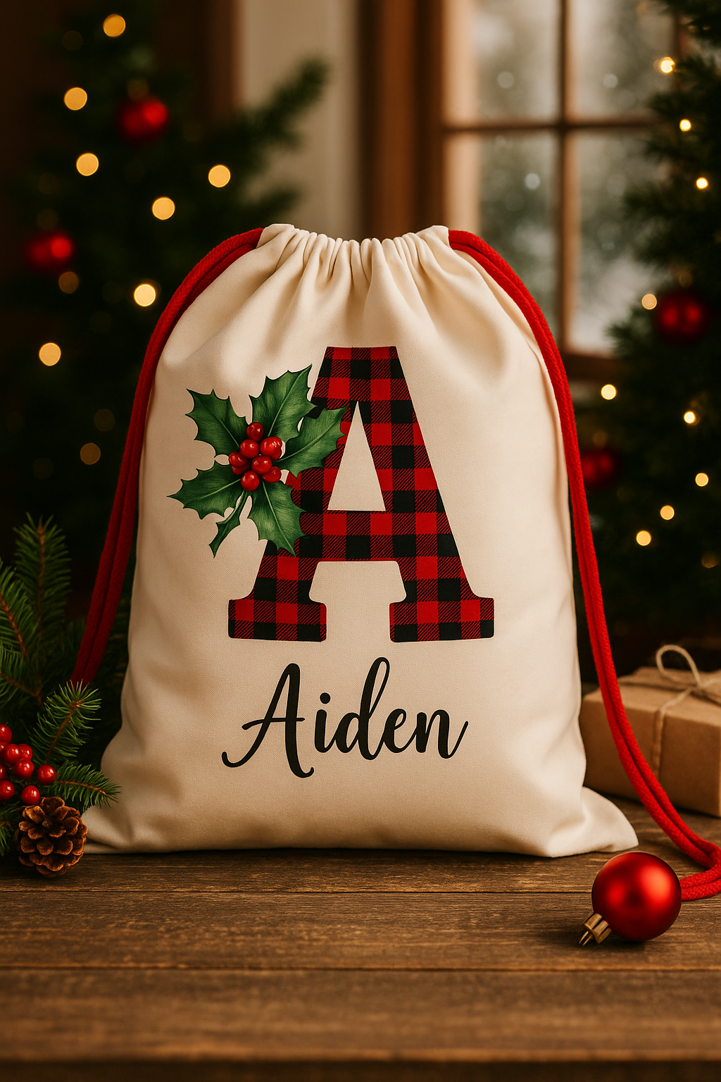 SAC NOËL PERSONNALISÉ | Plaid Rouge &amp; Prénom Brodé | Sac cadeau de Noël 