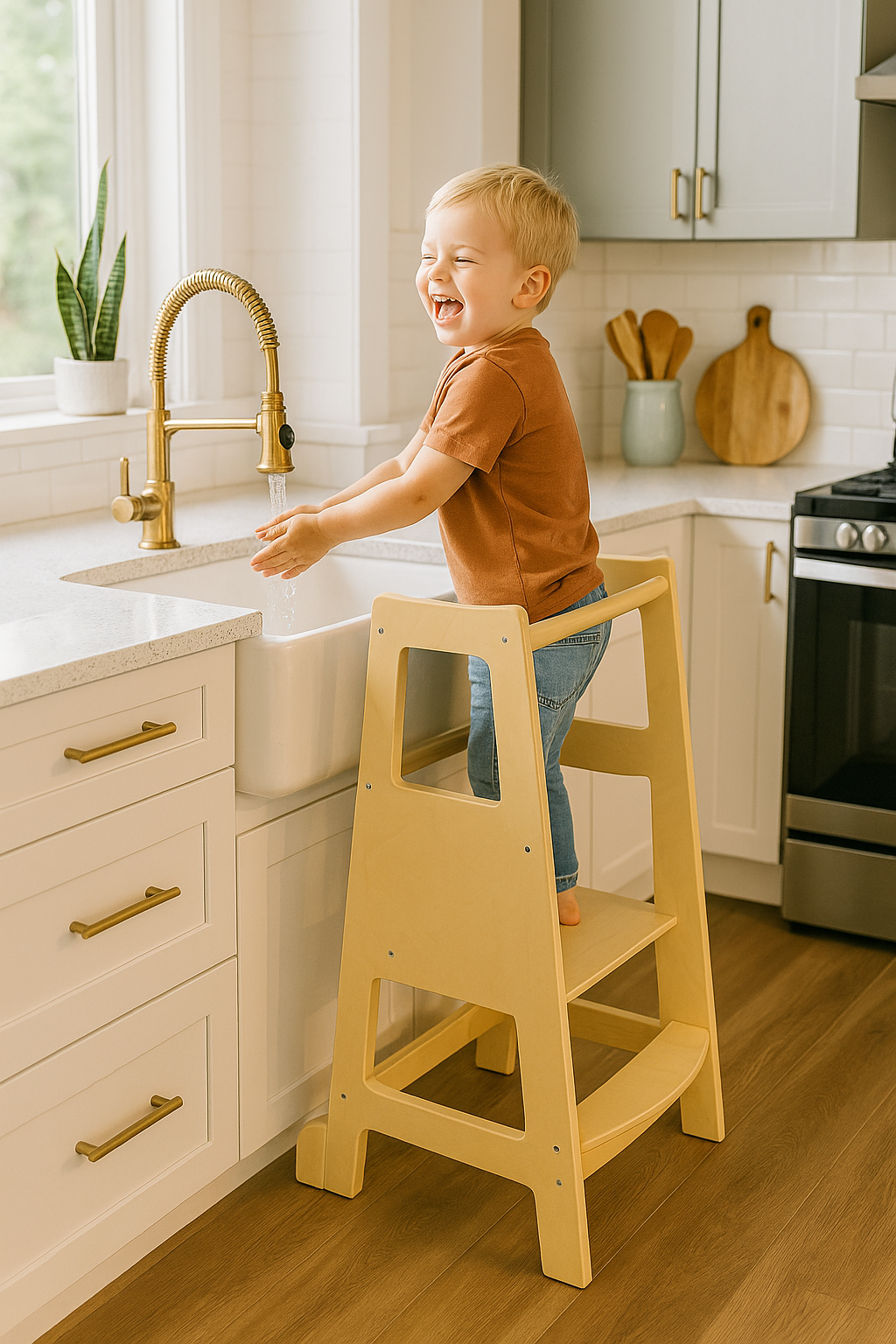 Adjustable Wooden Learning Tower for Toddlers, Kitchen Helper Stool, Ages 18 Months to 6 Years, Natural Wood, Child Safety Tower