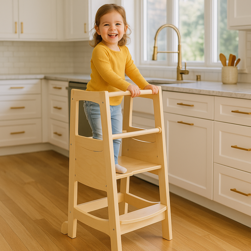 Adjustable Wooden Learning Tower for Toddlers, Kitchen Helper Stool, Ages 18 Months to 6 Years, Natural Wood, Child Safety Tower