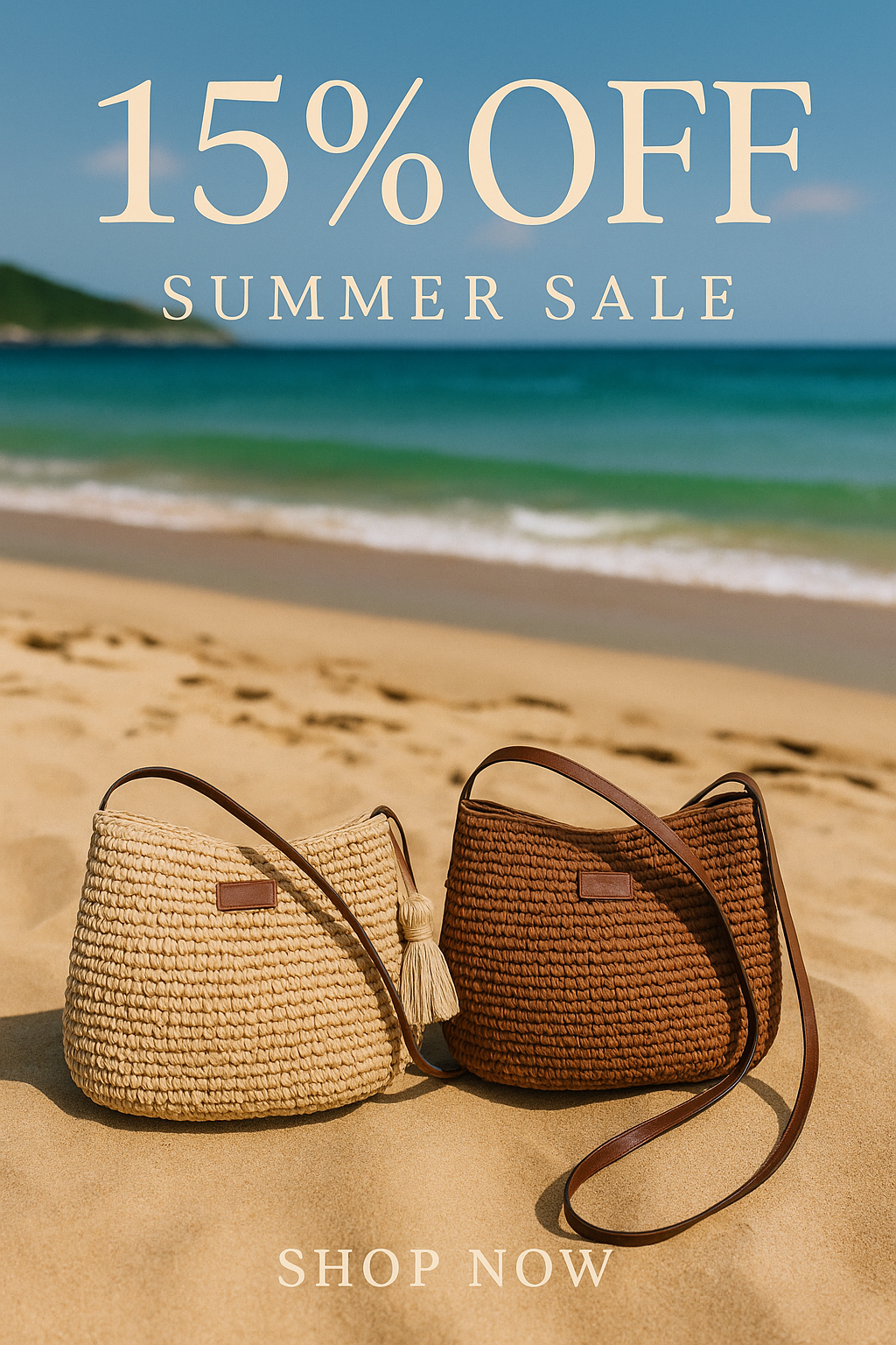 Sac de plage marron caramel et sable – Sac bandoulière en raphia tressé pour femme été 