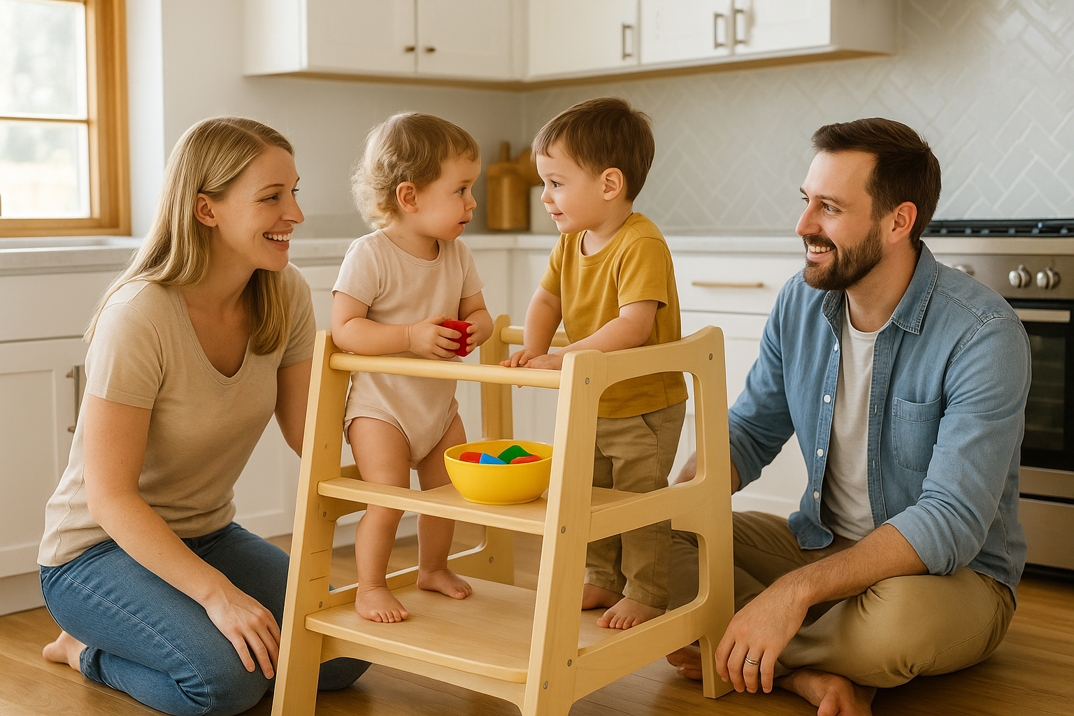Adjustable Wooden Learning Tower for Toddlers, Kitchen Helper Stool, Ages 18 Months to 6 Years, Natural Wood, Child Safety Tower