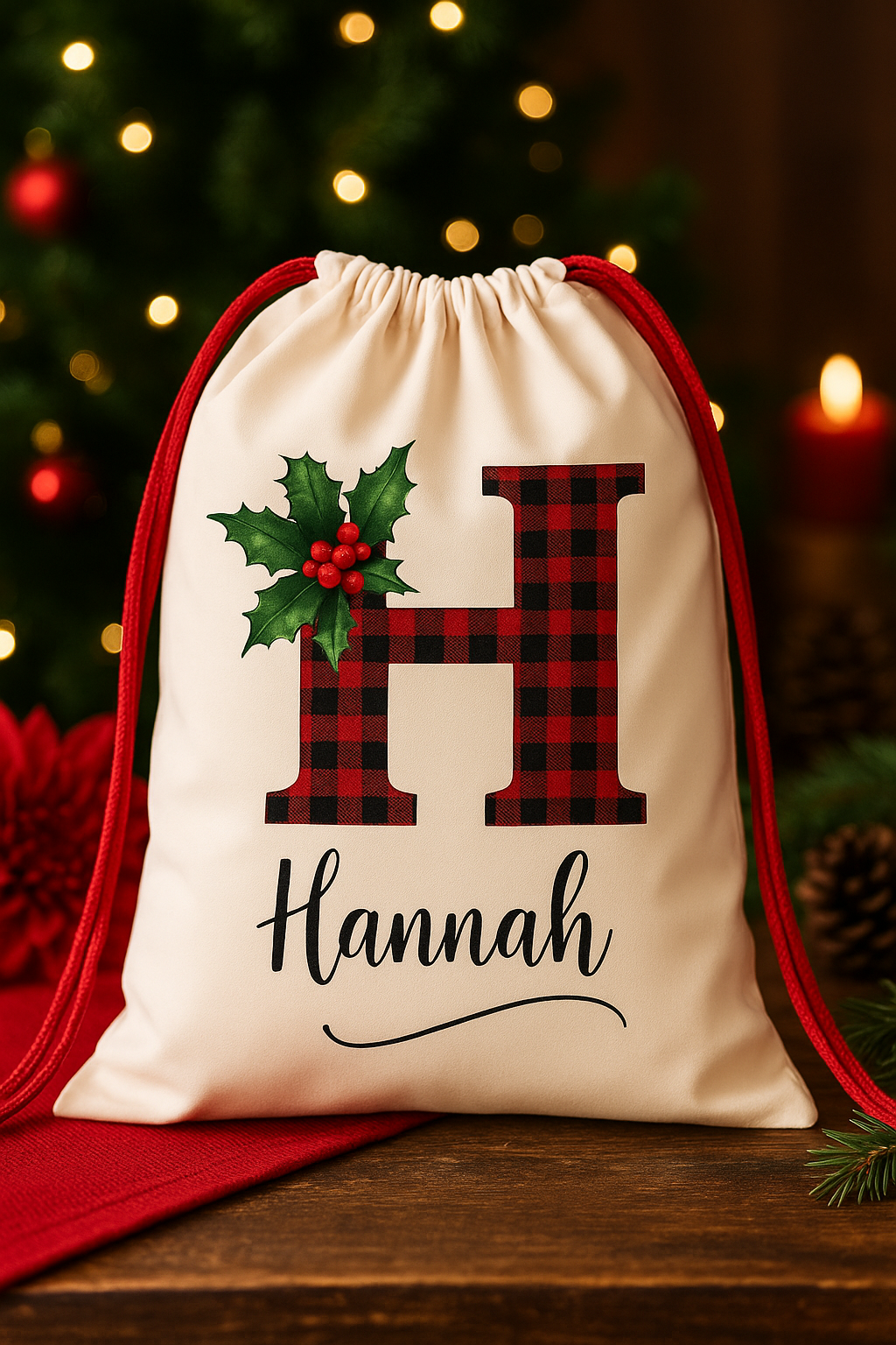 SAC NOËL PERSONNALISÉ | Plaid Rouge & Prénom Brodé | Christmas Gift Bag