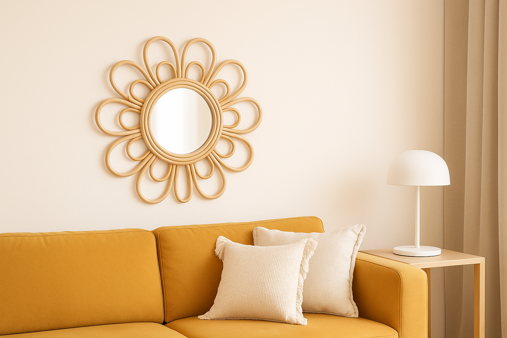 Boho Rattan Wall Mirror – Round Natural Wicker Mirror for Bedroom or Living Room