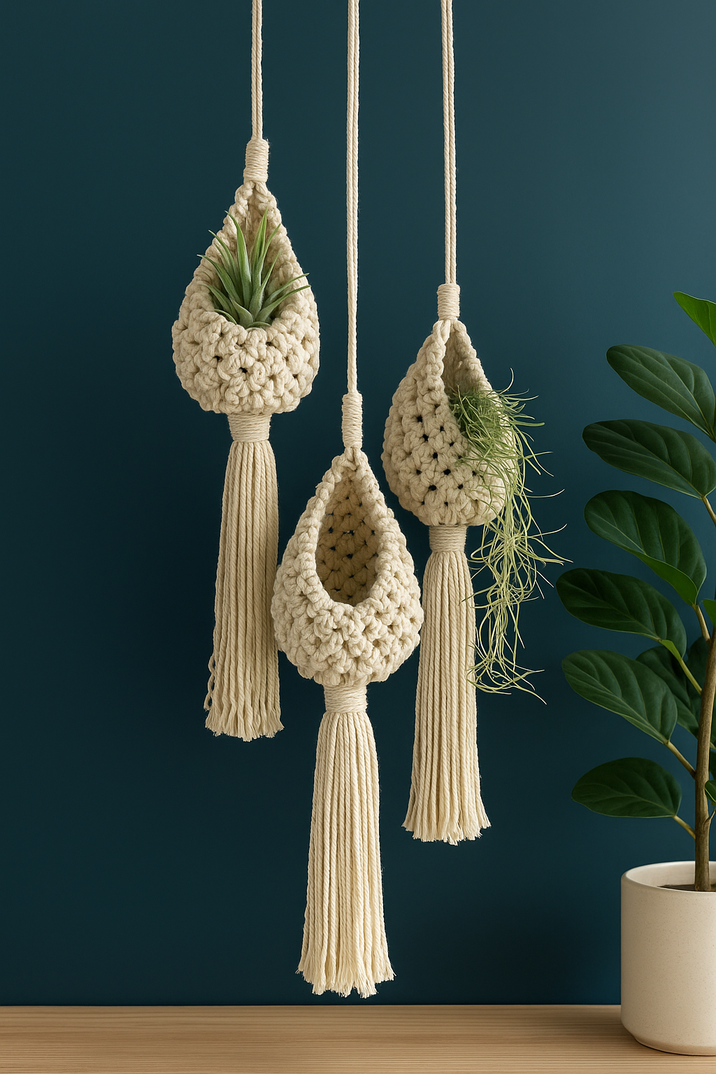 SUSPENSIONS PLANTES MACRAMÉ | Set 3 Coton Naturel | Plant Holders PAPICHA H