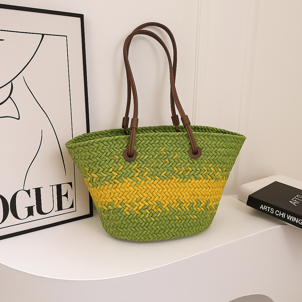 Sac Raphia Boho Chic Naturel - Anses Cuir Synthétique | Sac Boho en Raphia Naturel 