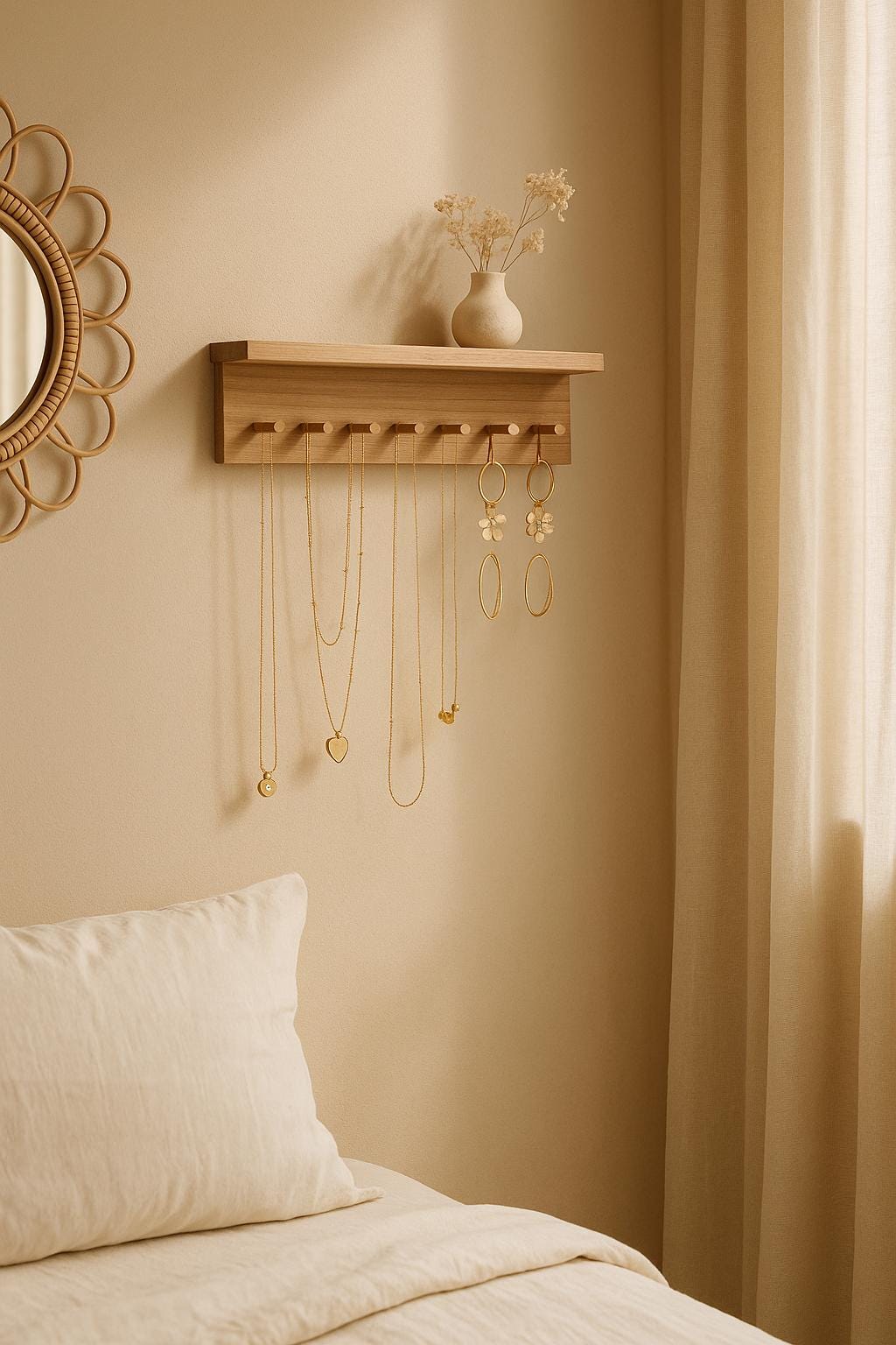 Organisateur de bijoux, porte-bijoux mural, support en bois avec crochets, décoration murale scandinave minimaliste bohème, présentoir pour colliers et boucles d'oreilles, cadeau