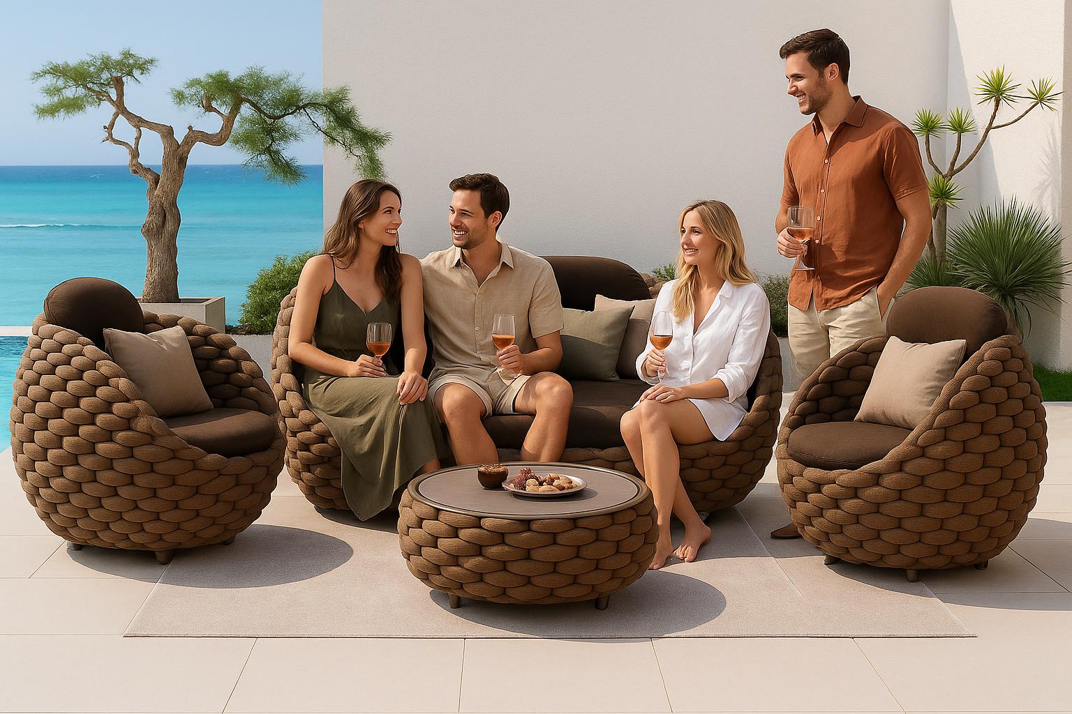 Salon de jardin de luxe en rotin | Mobilier de salon d'extérieur, design bohème tissé, terrasse chic, espace détente, rotin artisanal, respectueux de l'environnement 