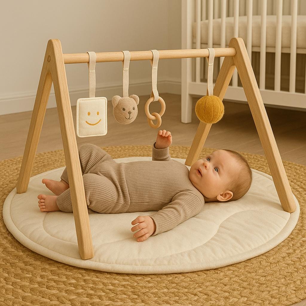 TAPIS ÉVEIL BÉBÉ | Gym Bois Coton Sensoriel | Tapis de jeu pour bébé