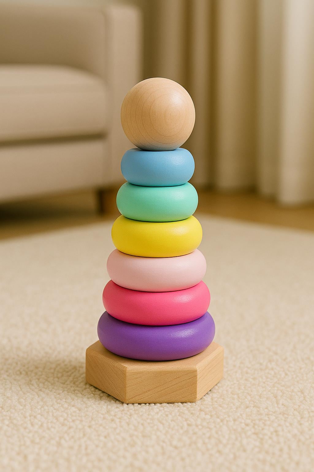 Jouet empilable en bois pastel pour bébé | Cadeau pour bébé | Jouet d'éveil | Anneaux empilables en bois naturel pour tout-petits et reconnaissance des couleurs