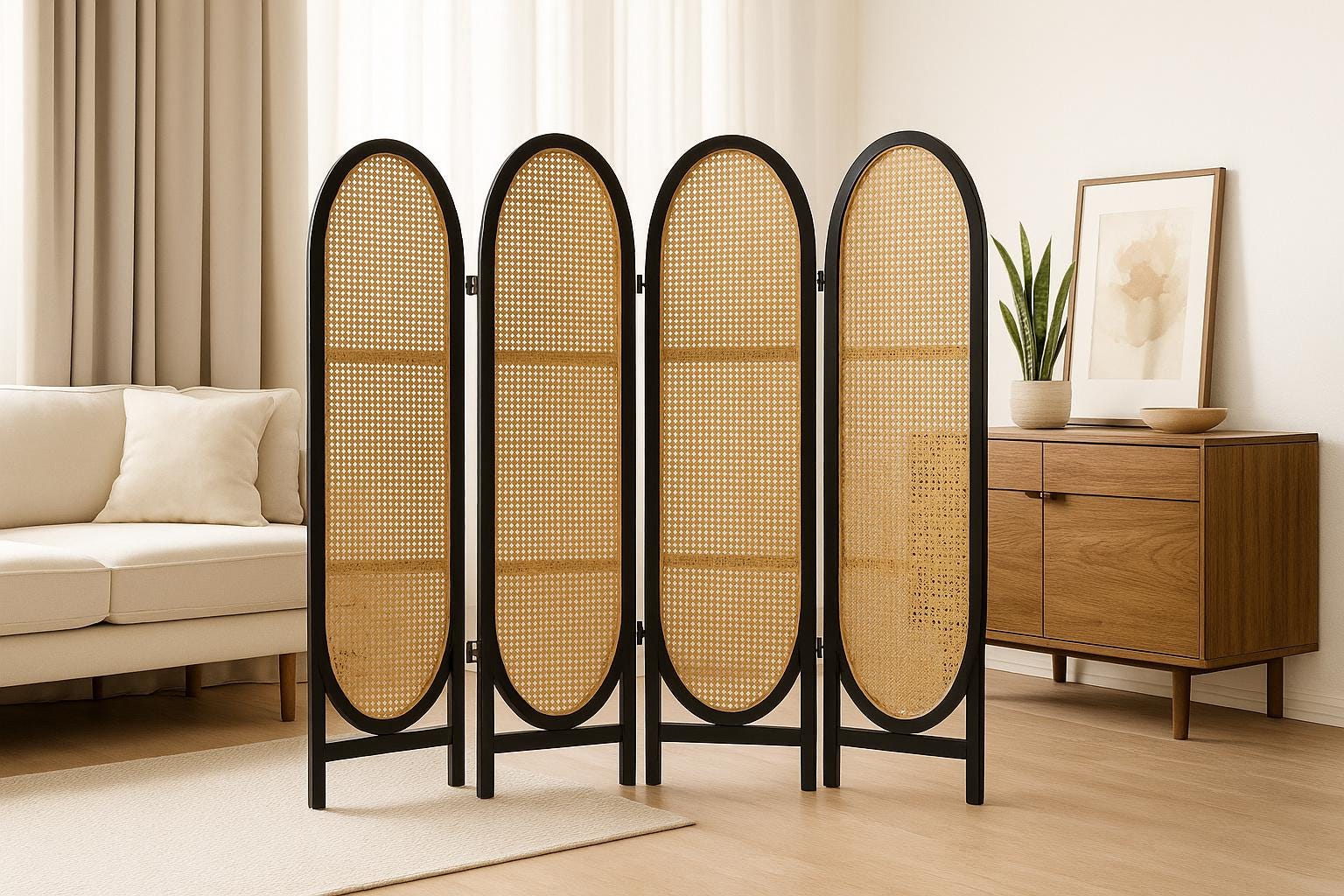 PARAVENT ROTIN LUXE  | 4 Panneaux Noir | PAPICHA H Room Divider