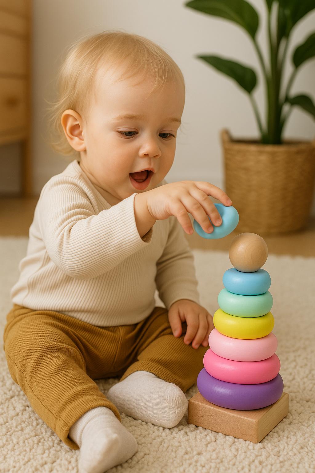 Jouet empilable en bois pastel pour bébé | Cadeau pour bébé | Jouet d'éveil | Anneaux empilables en bois naturel pour tout-petits et reconnaissance des couleurs