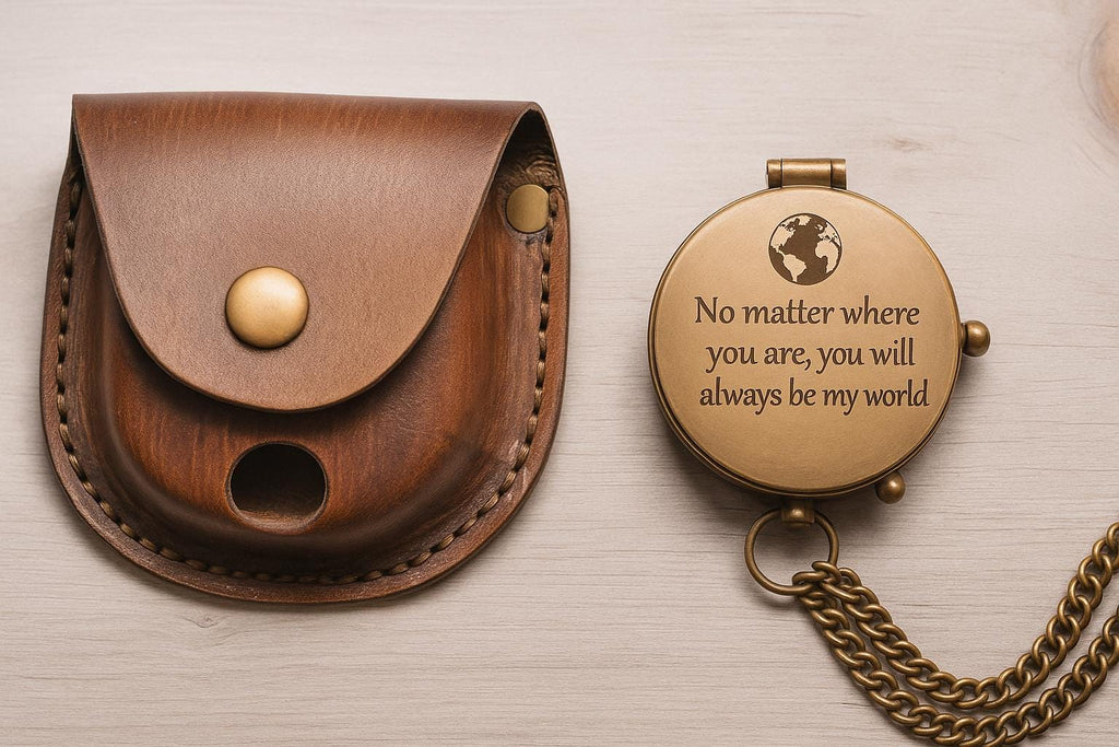 BOUSSOLE NAVIGATEUR | Laiton Gravé Étui Cuir | PAPICHA H Brass Compass