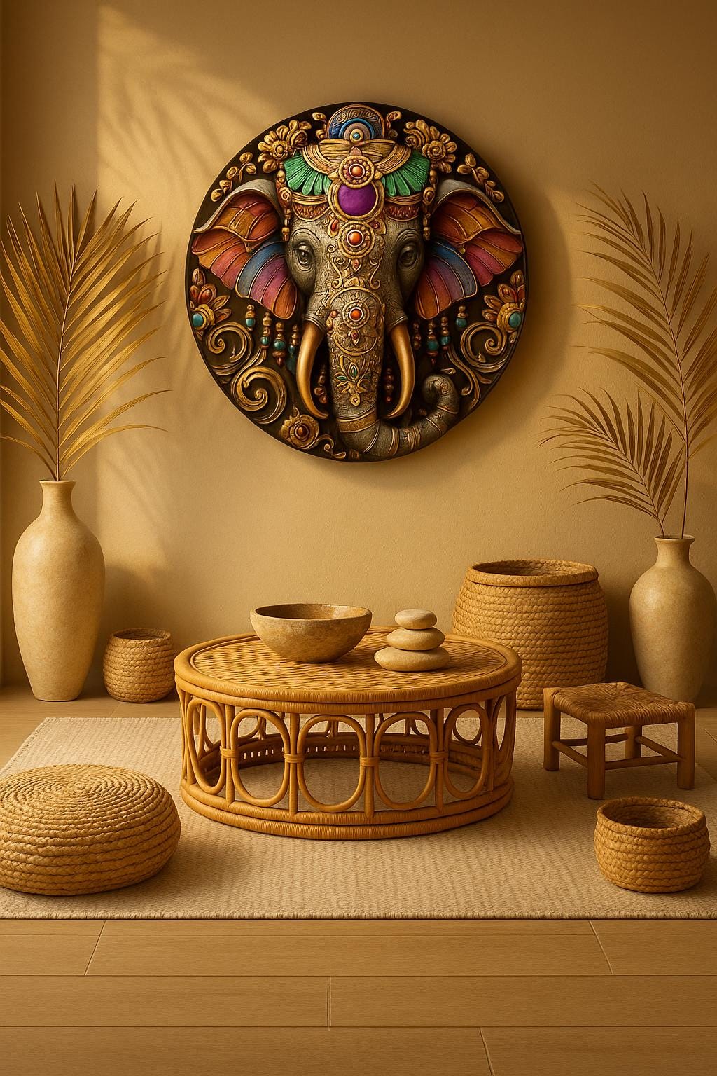 Affiche de yoga, art mural coloré de Ganesha, décor d'éléphant spirituel, ambiance zen ethnique, accent de maison méditatif, impression d'art sacré bohème 