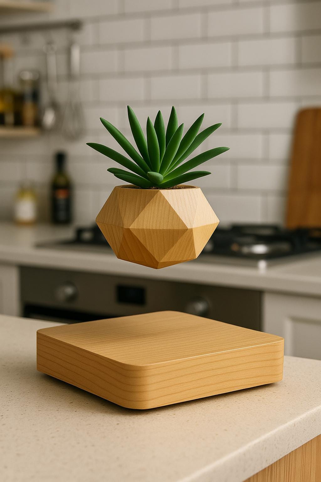Jardinière en bois vert sauge et chêne naturel – Pot de fleurs flottant magnétique en lévitation, décoration de bureau géométrique zen 