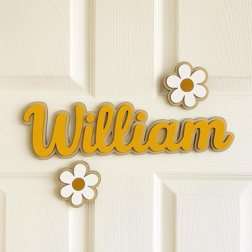 PLAQUE PRÉNOM ENFANT | Bois Laser Marguerites | PAPICHA H Kids Name Sign