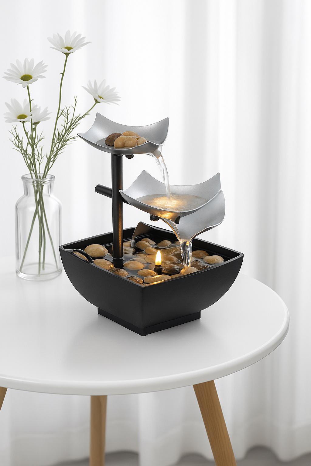 Fontaine zen d'intérieur à LED, pierre de rivière et bambou – Cascade de tranquillité à 3 niveaux avec douce lumière ambrée 