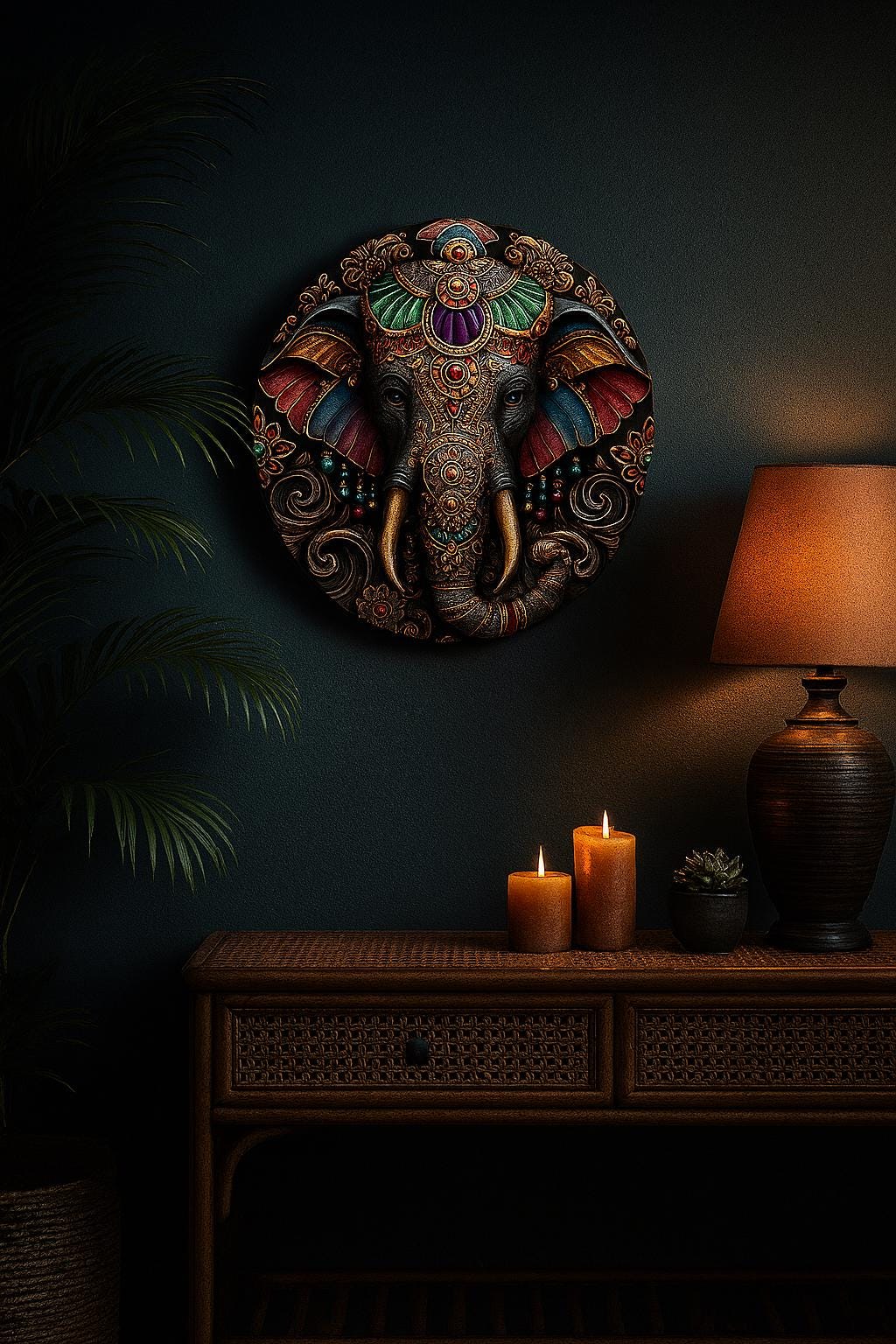 Yoga poster, colorful Ganesha wall art, spiritual elephant decor, ethnic zen vibe, meditative home accent, boho sacred art print