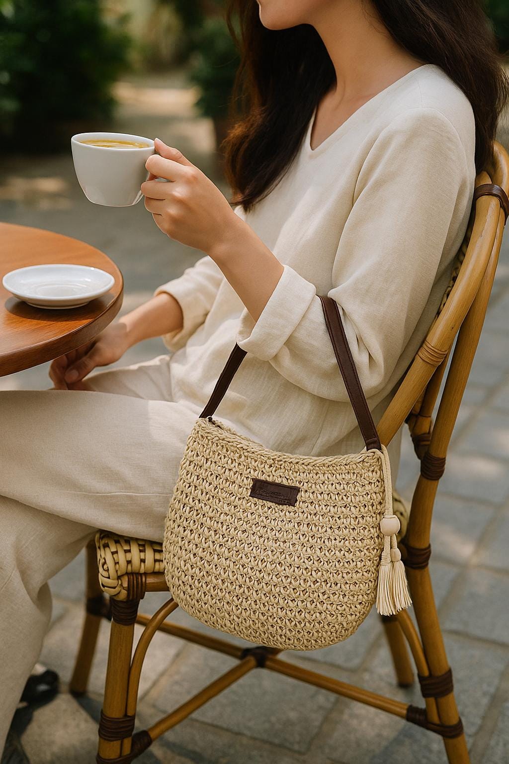 Sac de plage marron caramel et sable – Sac bandoulière en raphia tressé pour femme été 