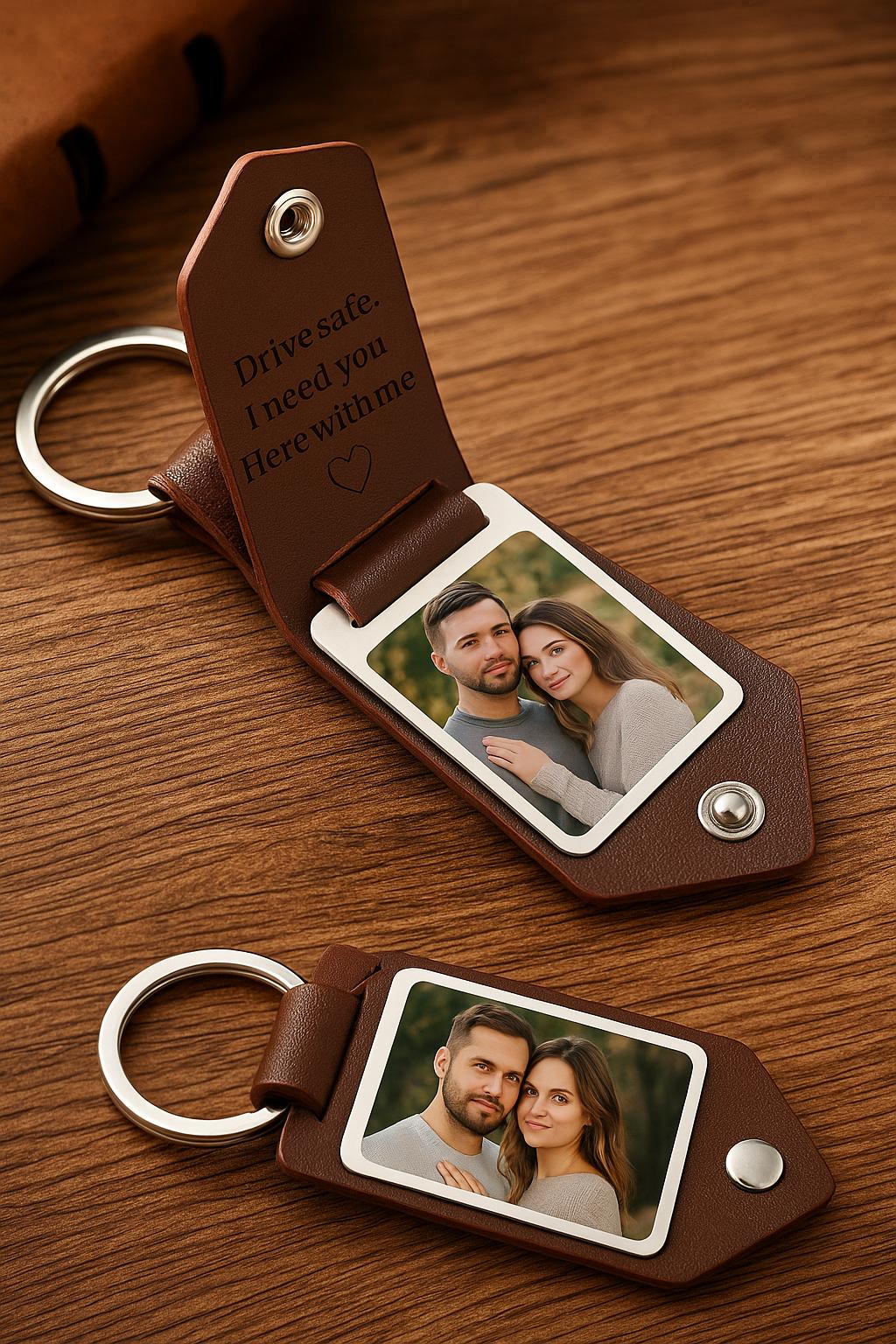 Porte-clés Photo Cuir Marron - Gravure Personnalisée | Brown Leather Photo Keychain - Custom Engraving