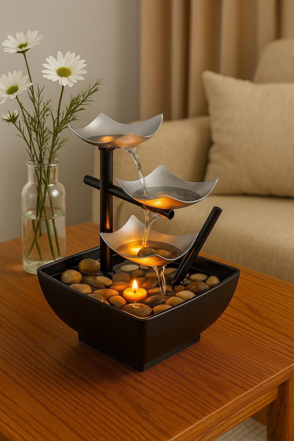 Fontaine zen d'intérieur à LED, pierre de rivière et bambou – Cascade de tranquillité à 3 niveaux avec douce lumière ambrée 