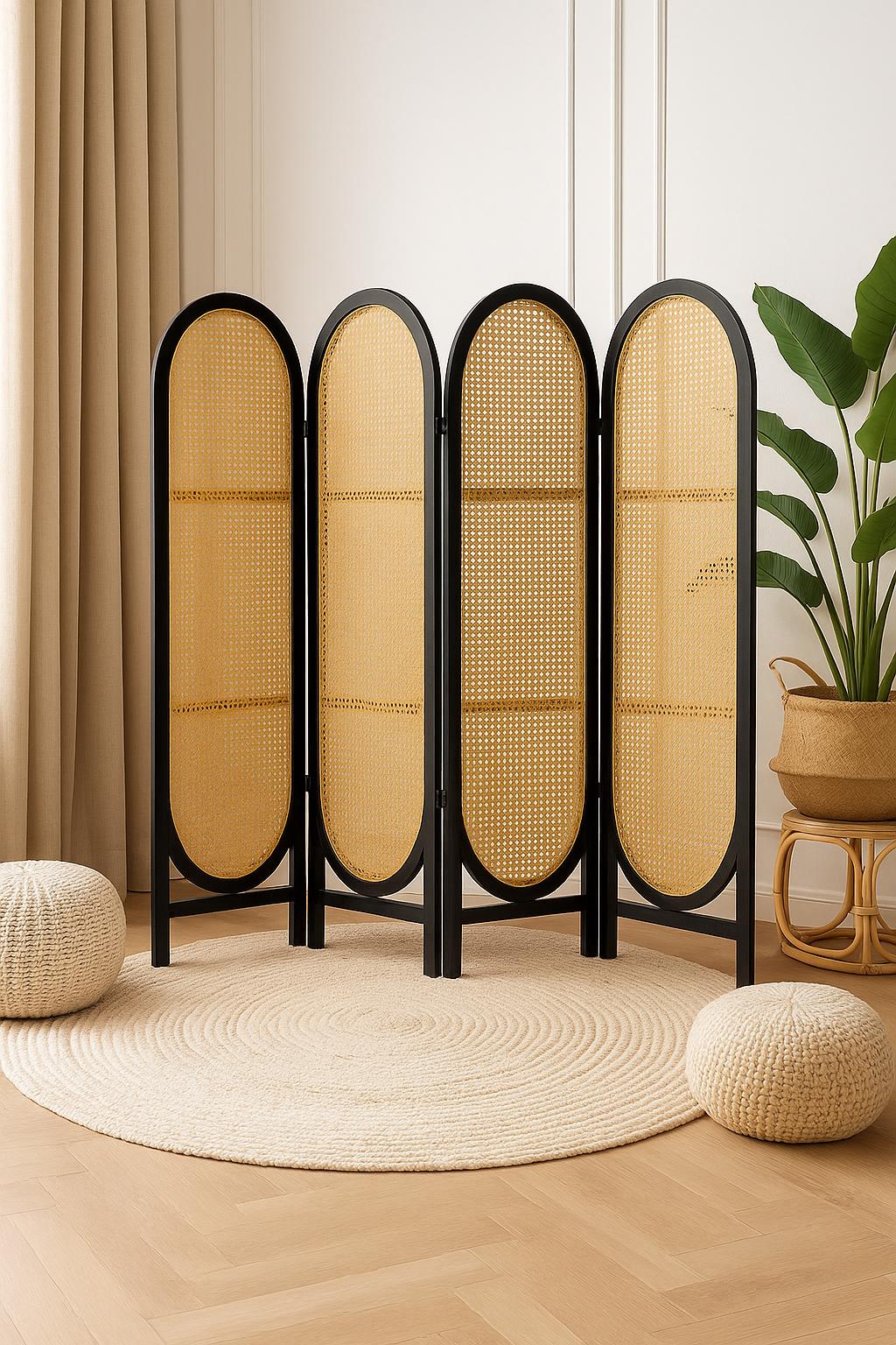 PARAVENT ROTIN LUXE  | 4 Panneaux Noir | PAPICHA H Room Divider