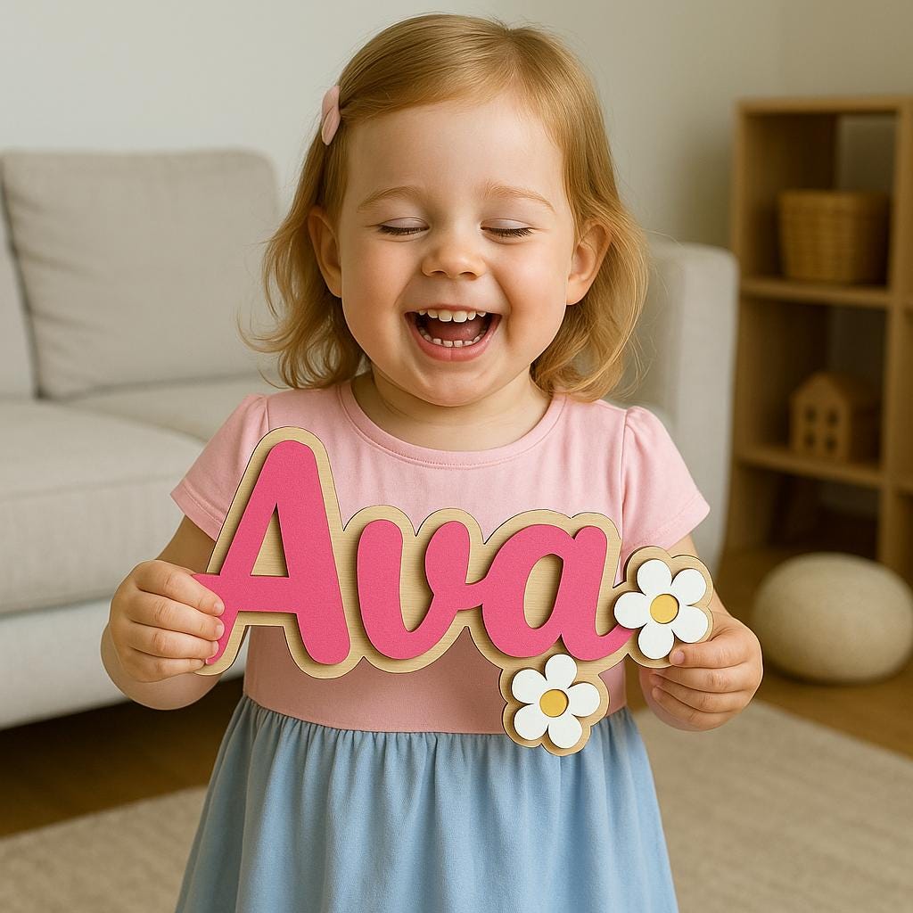 PLAQUE PRÉNOM ENFANT | Bois Laser Marguerites | PAPICHA H Kids Name Sign