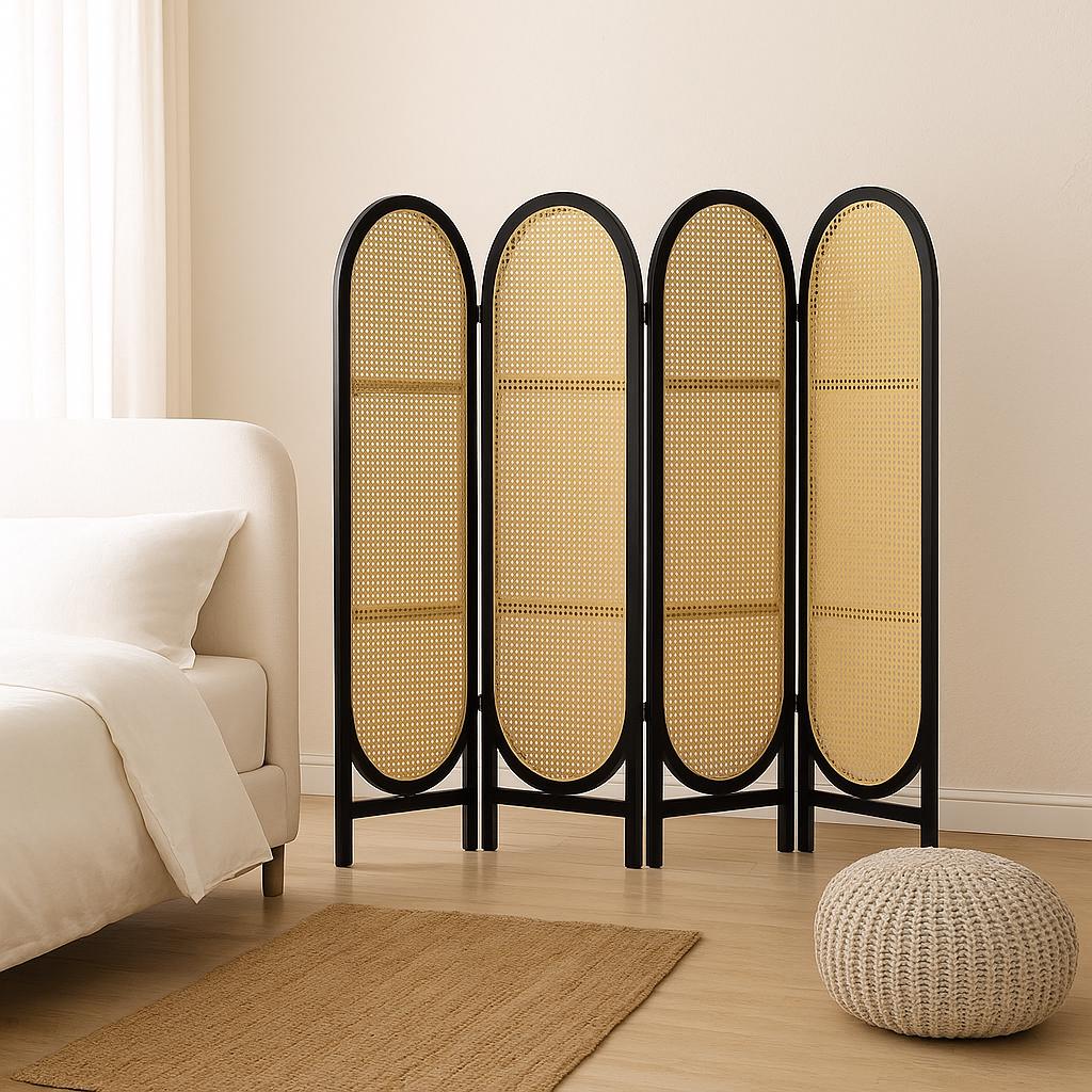 PARAVENT ROTIN LUXE  | 4 Panneaux Noir | PAPICHA H Room Divider