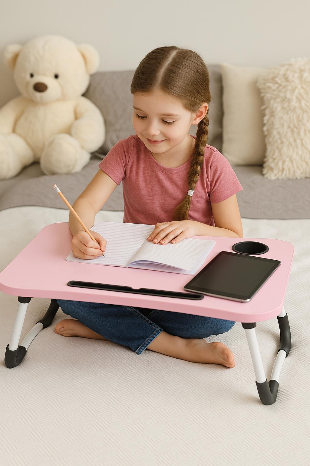 Bureau pliable rose et bleu pour enfants – Table multifonction portable pour les devoirs, la lecture et le dessin 
