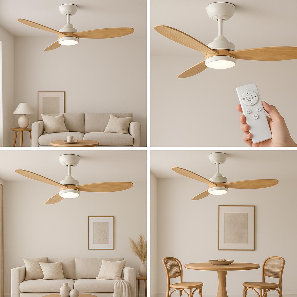 Ventilateur de plafond LED en chêne naturel et blanc mat – Style scandinave discret avec lumière chaude pour un intérieur moderne 