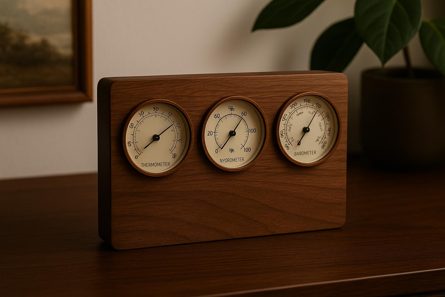 Station météo en bois de noyer et de chêne – Baromètre, thermomètre et hygromètre | Décoration rustique 