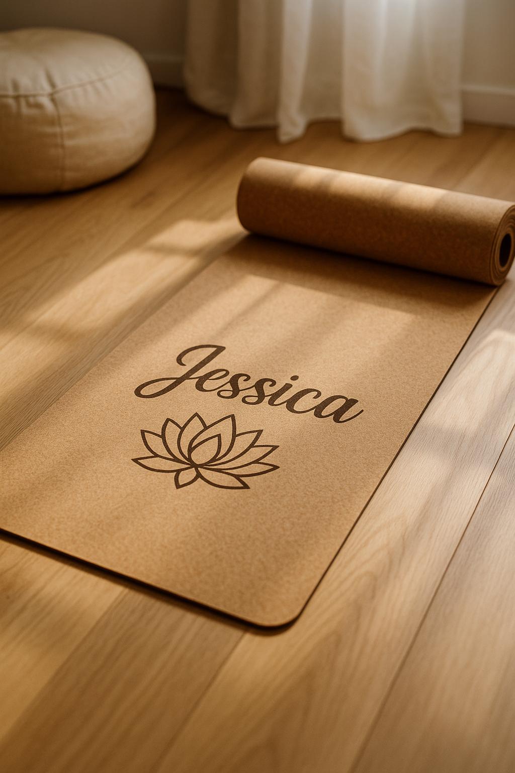 Tapis de yoga en liège personnalisé – Tapis antidérapant écologique avec nom ou mantra personnalisé