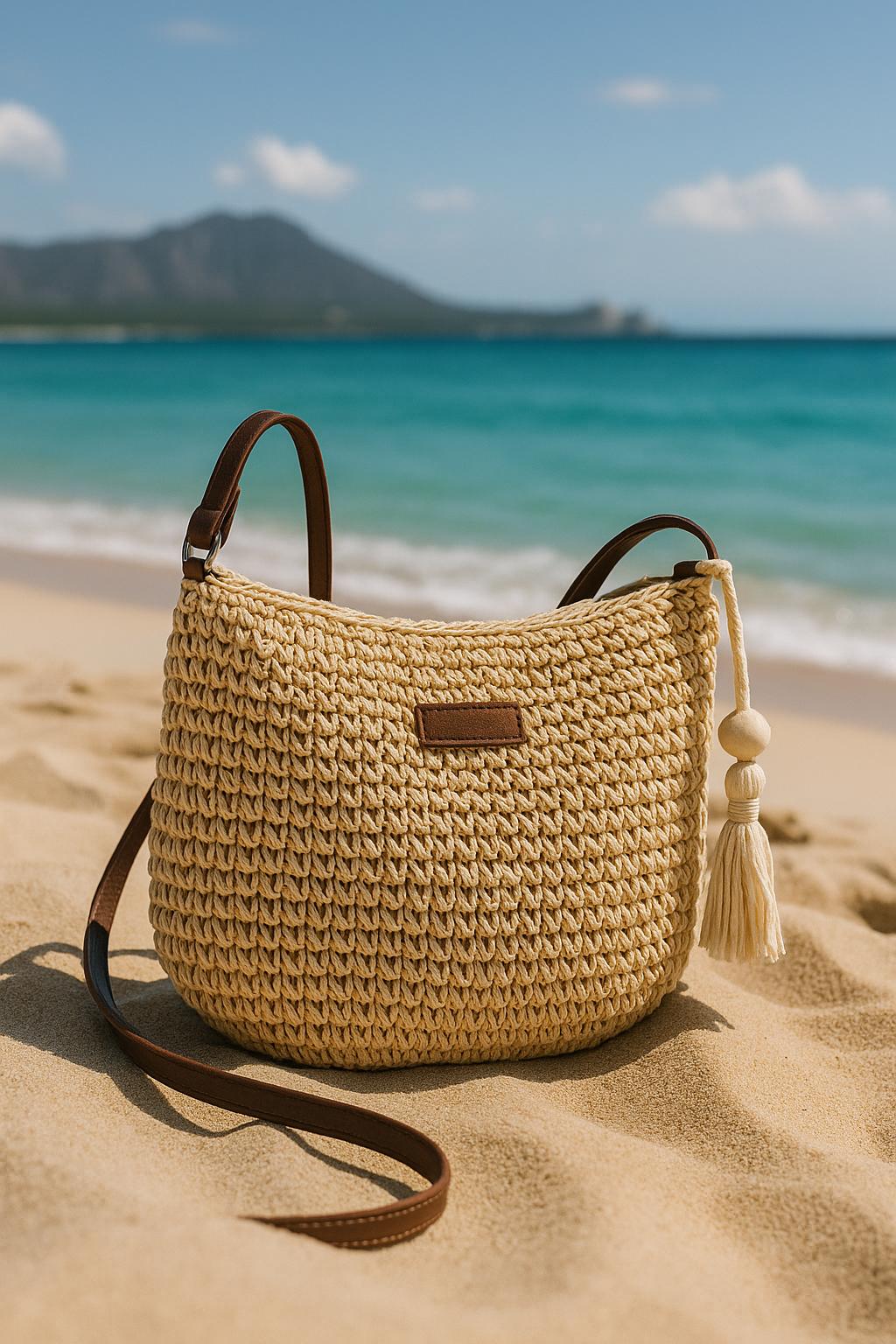 Sac de plage marron caramel et sable – Sac bandoulière en raphia tressé pour femme été 