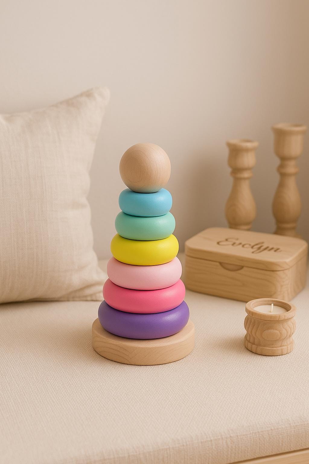 Jouet empilable en bois pastel pour bébé | Cadeau pour bébé | Jouet d'éveil | Anneaux empilables en bois naturel pour tout-petits et reconnaissance des couleurs
