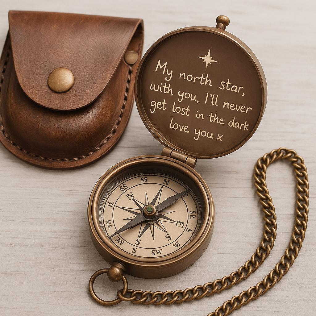 BOUSSOLE NAVIGATEUR | Laiton Gravé Étui Cuir | PAPICHA H Brass Compass