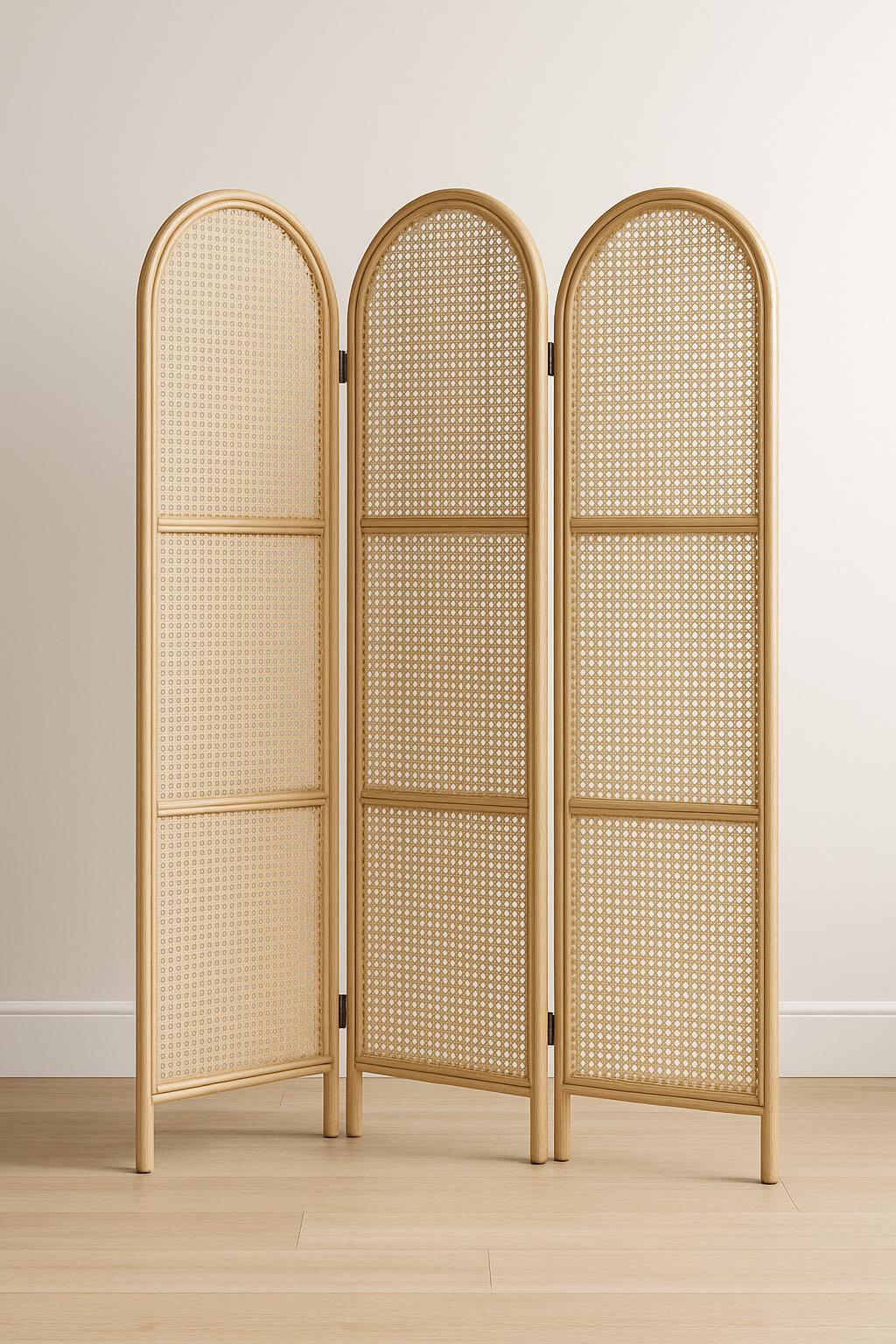 Paravent en rotin miel et teck – Paravent 3 panneaux style bohème chic, paravent en bois de canne naturel, décoration estivale 
