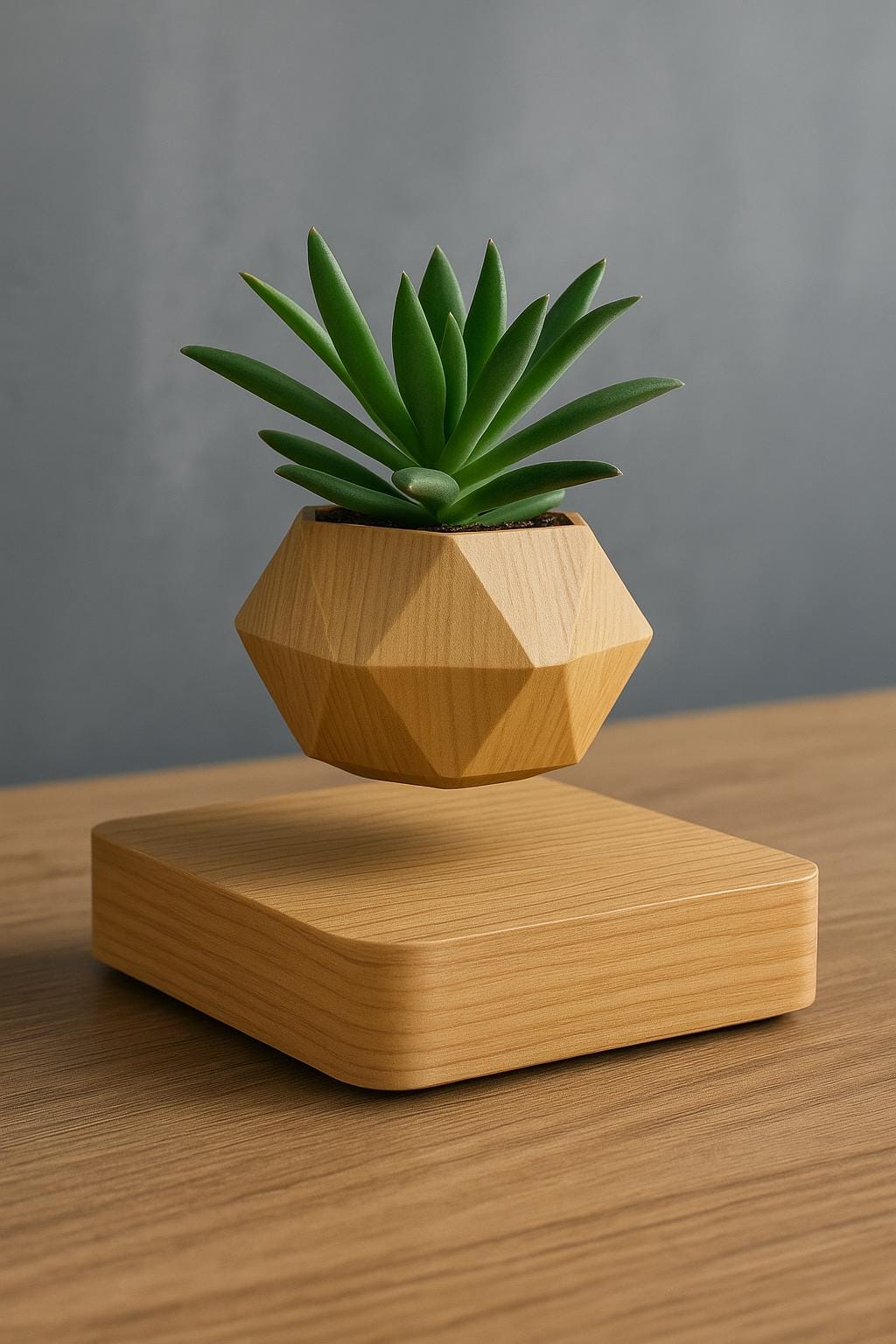 Jardinière en bois vert sauge et chêne naturel – Pot de fleurs flottant magnétique en lévitation, décoration de bureau géométrique zen 