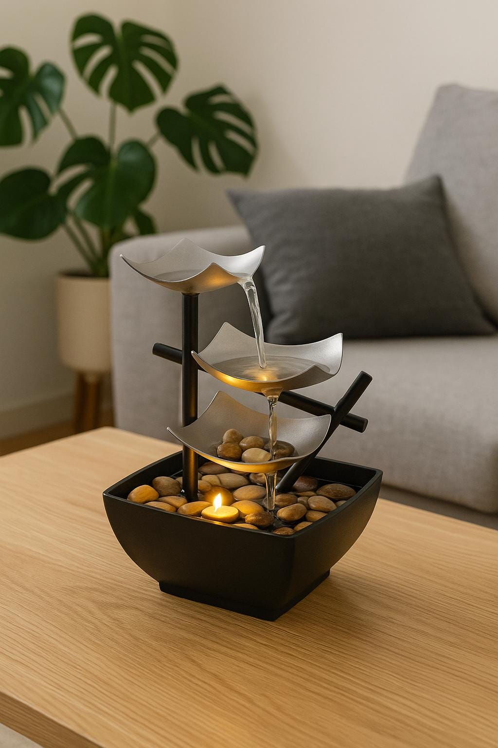 Fontaine zen d'intérieur à LED, pierre de rivière et bambou – Cascade de tranquillité à 3 niveaux avec douce lumière ambrée 