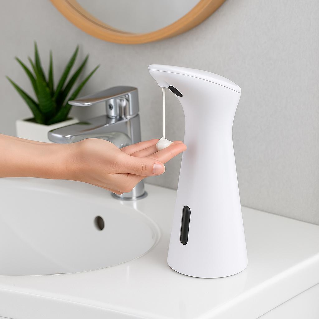 Distributeur de savon mousse blanc perle et chrome – Pompe à capteur sans contact 200 ml pour liquide et mousse, désinfectant automatique pour les mains 